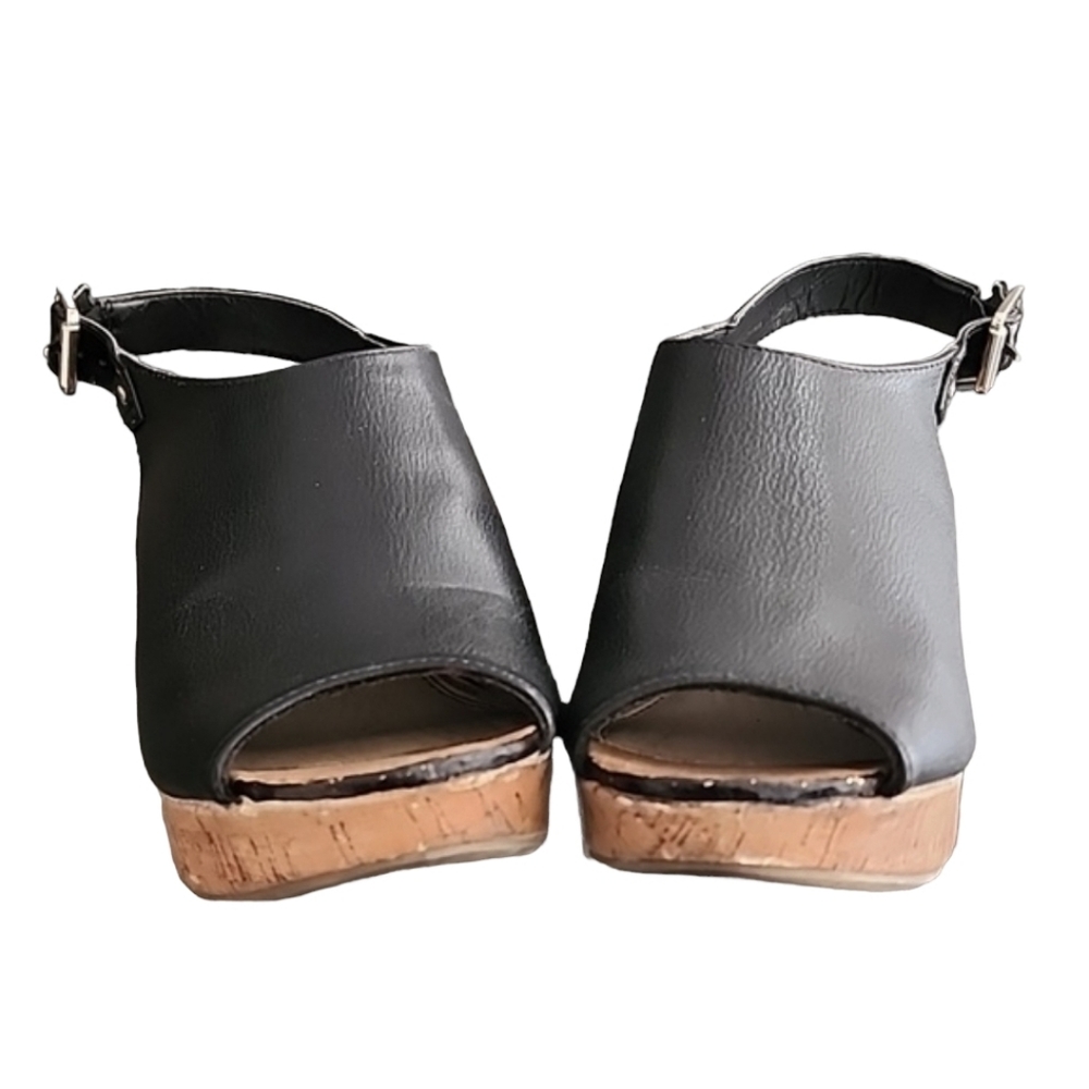 AEO AMERICAN EAGLE Slingback Cork Wedge Sandals 8.5 Pebbled Black Vegan Leather - Picture 12 of 16